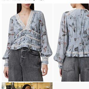 AllSaints Zora Tiered Floral Long Sleeve Top - Origin Blue Bird - sz 4 US (UK 8)